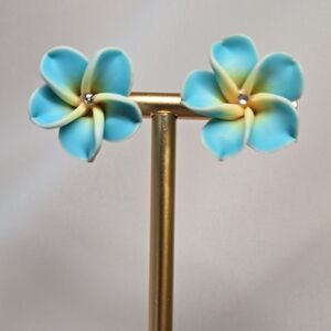 Polymer Clay Blue Plumeria And Rhinestone Post Earrings